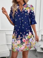 Rochie Scurta Nikole Bleumarin cu Print Floral Multicolor