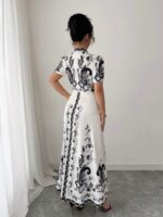 Rochie Lunga Casia Alba cu Print Negru - imagine 2
