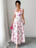 Rochie Lunga Flavia Alba cu Print Floral Roz
