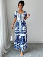 Rochie Lunga Georgia Alba cu Print Floral Albastru