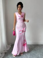 Rochie Lunga Inken Roz cu Print Floral