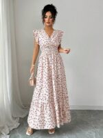Rochie Lunga Denya Alba cu Print Floral Rosu