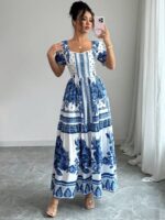 Rochie Lunga Georgia Alba cu Print Floral Albastru - imagine 3