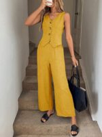 Compleu Lethia Galben format din Vesta si Pantalon