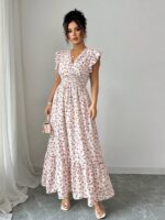 Rochie Lunga Denya Alba cu Print Floral Rosu - imagine 3
