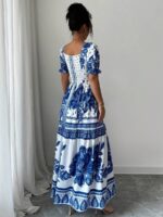 Rochie Lunga Georgia Alba cu Print Floral Albastru - imagine 2
