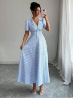Rochie Lunga Lauryn Alba cu Dungi Bleu