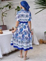 Rochie Midi Olgine Alba cu Print Albastru - imagine 2