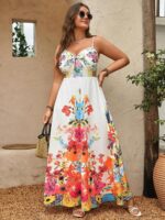 Rochie Lunga Celia Alba cu Print Floral Multicolor - Marimi Mari - imagine 3