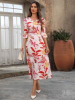 Rochie Midi Gonda Alba cu Print Rosu