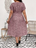 Rochie Midi Tudora Roz cu Print Negru - Marimi Mari - imagine 2