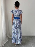 Rochie Lunga Esma Alba cu Print Albastru - imagine 2
