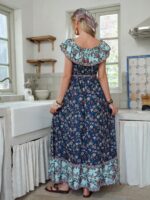 Rochie Lunga Amata Albastra cu Print Floral - imagine 2