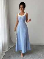 Rochie Lunga Ines Bleu cu Dungi Albe