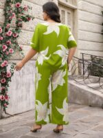 Compleu Gustan Vernil cu Print Floral Crem format din Bluza si Pantalon - Marimi Mari - imagine 2