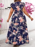 Rochie Lunga Marsa Bleumarin cu Print Floral Roz - Marimi Mari - imagine 2