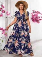 Rochie Lunga Marsa Bleumarin cu Print Floral Roz - Marimi Mari