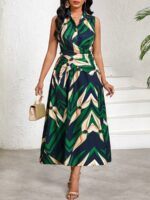Compleu cu Fusta Lunga Laya Bleumarin cu Print Verde si Crem