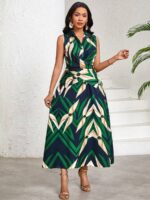 Compleu cu Fusta Lunga Laya Bleumarin cu Print Verde si Crem - imagine 3