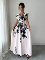 Rochie Lunga Gina Crem cu Print Negru - imagine 3