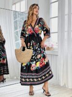 Rochie Lunga Neagra cu Print Multicolor - Marimi Mari - imagine 3