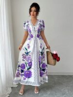 Rochie Lunga Zadura Alba cu Print Floral Mov