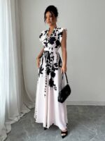Rochie Lunga Gina Crem cu Print Negru