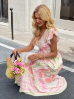 Rochie Lunga Aleksina Alba cu Print Floral Roz - imagine 3