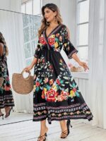 Rochie Lunga Neagra cu Print Multicolor - Marimi Mari