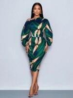 Rochie Midi Zamora Bleumarin cu Print Verde si Crem - imagine 3