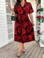 Rochie Midi Helena Neagra cu Trandafiri Rosii - Marimi Mari