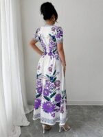 Rochie Lunga Zadura Alba cu Print Floral Mov - imagine 2