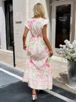 Rochie Lunga Aleksina Alba cu Print Floral Roz - imagine 2