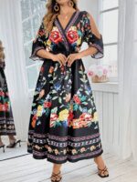 Rochie Lunga Neagra cu Print Multicolor - Marimi Mari - imagine 4