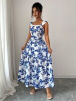 Rochie Lunga Liouba Alba cu Print Floral Albastru