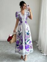 Rochie Lunga Zadura Alba cu Print Floral Mov - imagine 3
