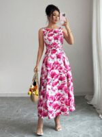 Rochie Midi Camelia Alba cu Print Floral Roz