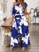 Salopeta Lunga Manfred Bleumarin cu Print Floral Crem - Marimi Mari