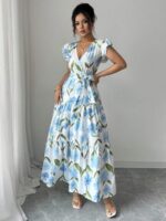 Rochie Lunga Deea Alba cu Print Bleu