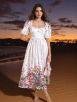 Rochie Midi Corsina Alba cu Print Floral Multicolor - imagine 3