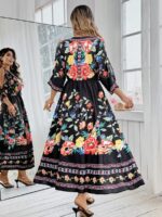 Rochie Lunga Neagra cu Print Multicolor - Marimi Mari - imagine 2