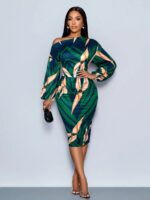 Rochie Midi Zamora Bleumarin cu Print Verde si Crem