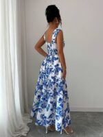Rochie Lunga Liouba Alba cu Print Floral Albastru - imagine 2