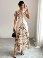 Rochie Lunga Abner Crem cu Print Bej