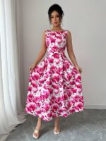 Rochie Midi Camelia Alba cu Print Floral Roz - imagine 3