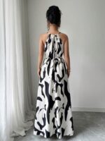 Rochie Lunga Esolira Alba cu Print Negru - imagine 3