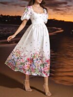 Rochie Midi Corsina Alba cu Print Floral Multicolor