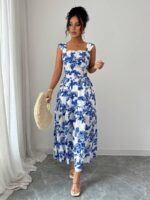 Rochie Lunga Liouba Alba cu Print Floral Albastru - imagine 3