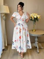 Rochie Lunga Camelia Alba cu Print Floral - Marimi Mari