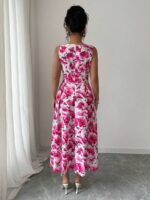Rochie Midi Camelia Alba cu Print Floral Roz - imagine 2